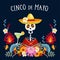 Cinco de Mayo greeting card, invitation with Mexican skeleton with sombrero hat drinking margarita cocktail, chili