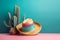 Cinco de Mayo holiday background. Mexican cactus and party sombrero hat on pink turquoise background. Generative AI