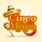 Cinco De Mayo lettering celebration vector background with sombrero, chili paper, maracas royalty free stock