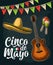Cinco de Mayo lettering. Garland, maracas, sombrero and guitar engraving