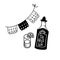 Cinco de mayo sticker in doodle style. Bottle of tequila with glass and Papel Picado, isolated black over white vector