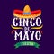 Cinco de mayo vector greeting card with traditional mexican sombrero and flourish elements. 5 may mexican holiday colorful