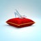 Cinderella glass slipper on the red pillow side view