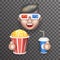 Cinema 3D Glasses Big Popcorn Soda Water Male Guy Man Boy Character Realistic Cartoon Flat Design Vector illustration