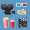 Cinema 3d icons. Movie camcorder clapperboards film tape and stereo glasses vector realistic objects isolated