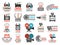Cinema badges. Movie production symbols camera director chair film tape vector logo collection