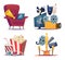 Cinema cartoon. Entertainment conceptual collections with symbols of cinema and theatre megaphone masks popcorn glasses