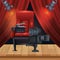 Cinema chair with clapboard and film camera over theater red curtains
