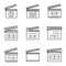 Cinema clapper icons set, outline style