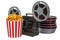 Cinema concept. Cinema projector and movie reels with popcorn container, 3D rendering