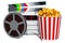 Cinema concept. Clapperboard and movie reels with popcorn container, 3D rendering