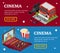 Cinema Concept Movie Banner Horizontal Set Isometric View. Vector