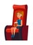 Cinema. Girl sitting in chair at movie theater auditorium with pop corn box. Young children watching film or motion