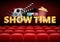 Cinema hall with red seats, showtime, poster design with popcorn, 3d glasses, film tape, clapperboard, vector