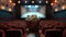 cinema with a hand holding popcorn in front of a movie screen, while the blurred cinema hall in the background sets the