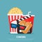 Cinema illustration, cinema, popcorn, soda drinks, cinema 3d glasses, clapperboard, flat design