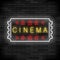 Cinema Light Neon Sign on Brick Background. Movie Colored Signboard. Bright Street Banner.