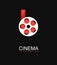 Cinema logo vector logo template. Stylized movies reel with red filmstrip on black background. Entertainment logotype concept