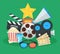 Cinema and movie cartoon illustration. Awards, tickets, megaphone and other colorful objects flat vector icons collage