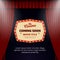 Cinema movie coming soon banner promotion design. retro billboard with spotlights on opened theater curtain background vector