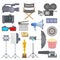 Cinema movie making tv show tools equipment symbols icons vector set illustration.