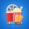 Cinema movie poster design template with film reel and strip, ticket, popcorn, soda takeaway, 3d glasses