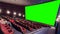 Cinema movie theater auditorium with viewers, red chairs and green projection screen timelapse