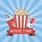 Cinema. Movie time. Poster design with popcorn, 3d glasses, soda cup and ribbon. Banner template with blue sunray background.