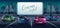 Cinema night vector banner in cartoon style. Drive-in movie theater with large screen and cars poster. Audience watching