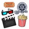 Cinema objects: popcorn bucket, film roll, ticket, clapper, 3d glasses