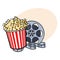 Cinema objects - popcorn bucket and retro style film reel