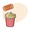 Cinema objects - popcorn bucket and retro style ticket