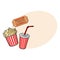 Cinema objects - popcorn bucket, soda water and retro style ticket