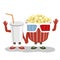 Cinema pop corn with 3d glasses and cola character friends holding hands together and waving