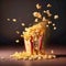 A cinema popcorn bag exploding with golden energy and popcorn, generative AI