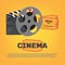 Cinema poster concept on yellow background. Composition with popcorn, clapperboard