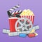 Cinema poster design template. Movie film reel and strip, popcorn, clapper board, soda takeaway, 3d glasses.