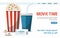 Cinema poster with popcorn bowl, drink and tickets isolated on white background