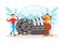 Cinema Production Process, Tiny Cameraman Making Shooting Movie with Happy Family in Studio Flat Vector Illustration