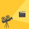 Cinema projector with light Open movie clapper board template icon. Flat design style.