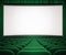 Cinema screen with open green curtain and seats