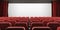 Cinema screen with red seats and open curtain. 3d.