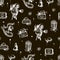 Cinema seamless pattern with vintage camera, popcorn, clapper , 3d glasses. Black and white. Hand-drawn vector vintage