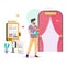 Cinema self service terminal. Man buying movie ticket at self service kiosk, flat vector illustration. E-ticket machine.