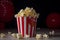 Cinema style popcorn in a traditional box with pieces on table. Generative AI