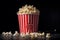 Cinema style popcorn in a traditional box with pieces on table. Generative AI