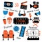 Cinema symbols set with ink lettering. Movie time and 3d glasses, popcorn, clapperboard, ticket, screen, camera, film, chairs.