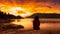 Cinemagraph Continuous Loop Animation. Girl Watching a Peaceful Sunrise on the Ocean Coast