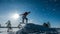 Cinemagraph. Novice snowboarder in a jump with a light snow springboard, winter landscape, video loop
