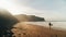 Cinematic beach with surfer woman walk with board